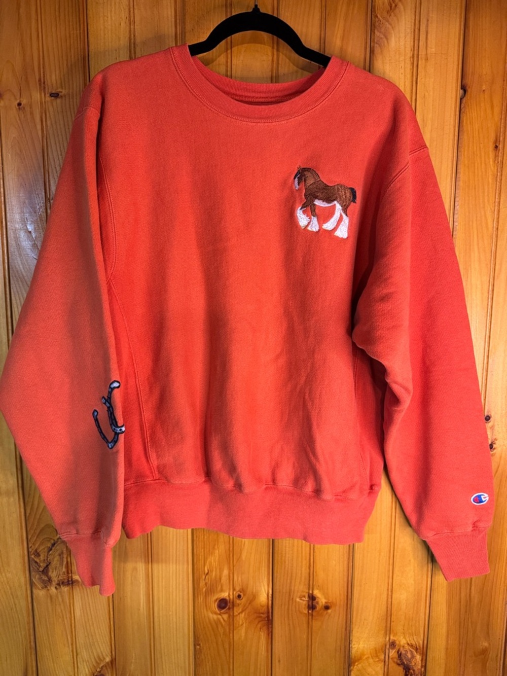 Vintage late 90’s Premium Reverse Weave Orange Crewneck w/ Embroidered Horse